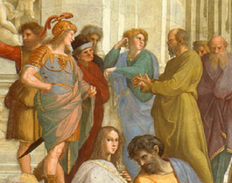 Aus der Freske Schule von Athen, Sokrates mit Zuhörern, von Raffael, Foto C. May